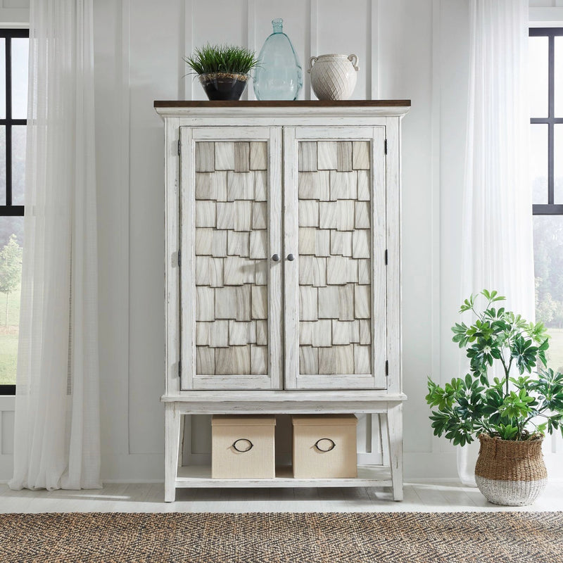 River Place Bar Cabinet in Riverstone White & Tobacco EST SHIP TIME APPX 4 WEEKS image
