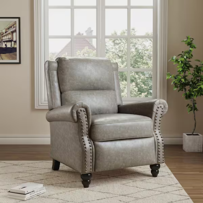 Gray PU Leather Nailhead Trim Upholstered Recliner Chair
