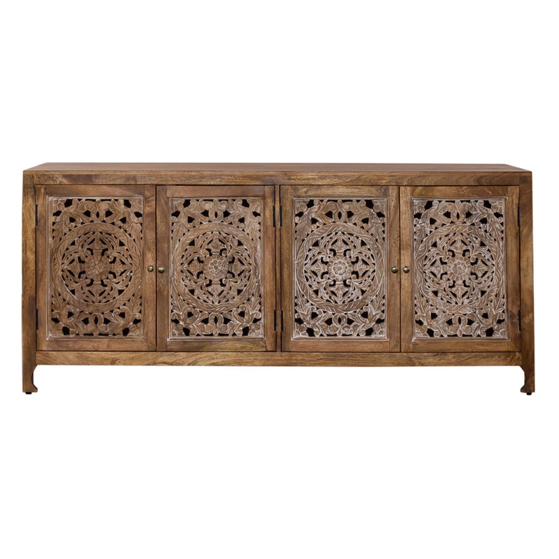 Marisol 74 Inch 4 Door Accent TV Stand in Weathered Honey and Soft Wash Gray