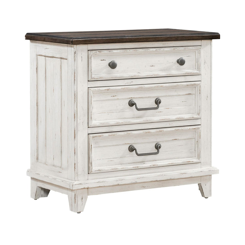 River Place 3 Drawer Nightstand with Charging Station in Riverstone White and Tobacco image