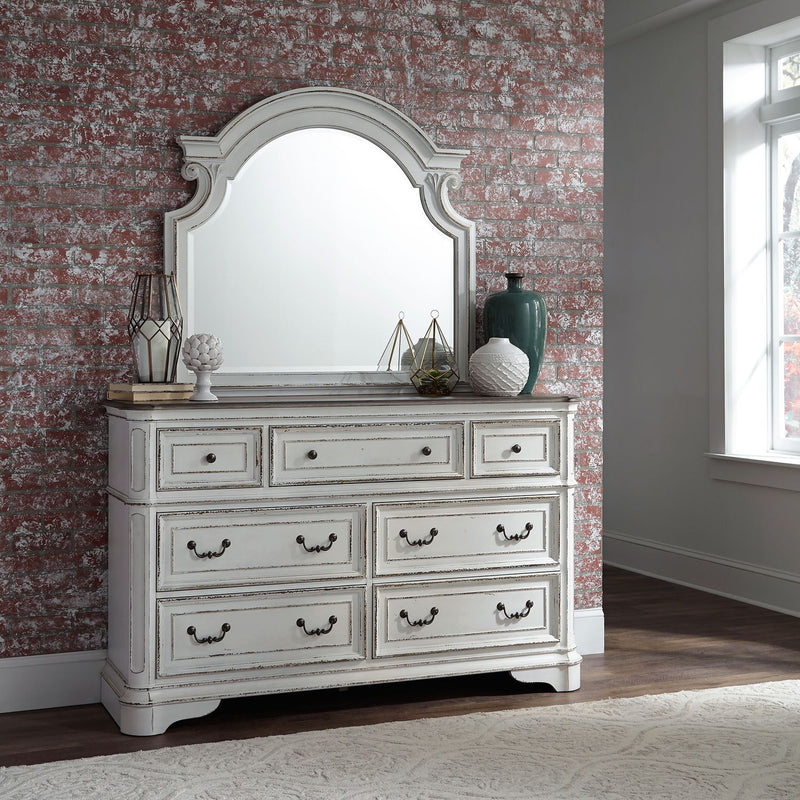 Magnolia Manor King California Upholstered Sleigh Bed, Dresser & Mirror, Night Stand