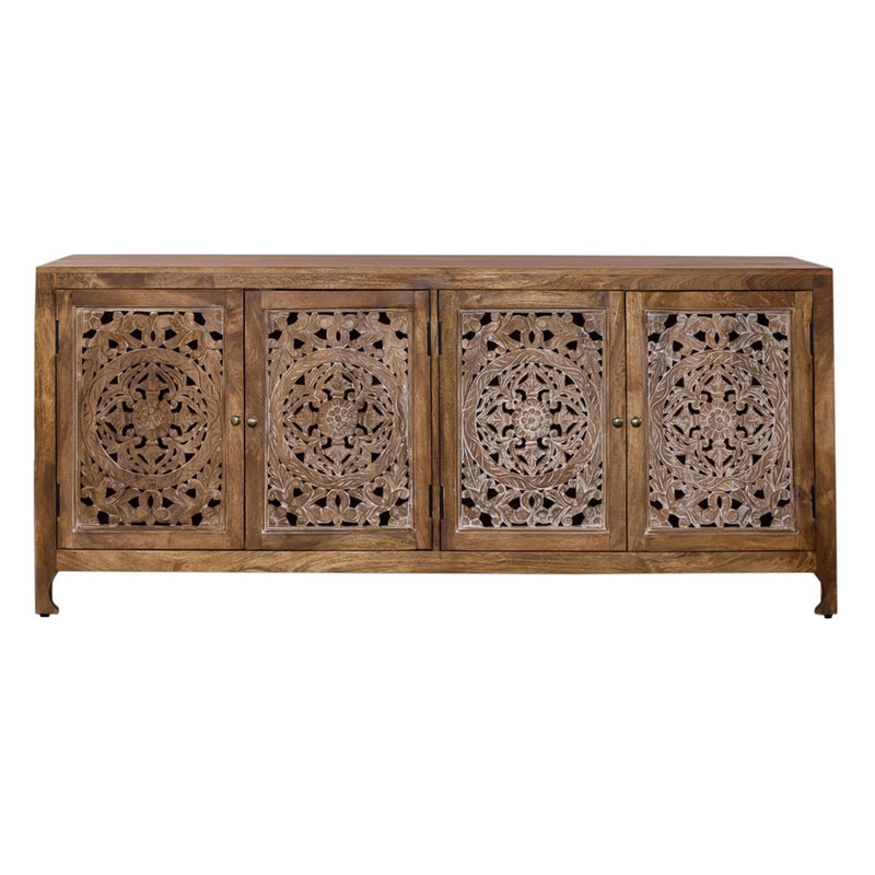 Marisol 74 Inch 4 Door Accent TV Stand in Weathered Honey and Soft Wash Gray image